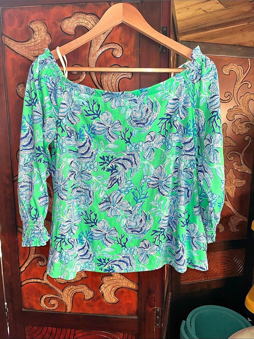 Lilly Pulitzer Paisley Long Sleeve Blouse in Green & Blue Like New